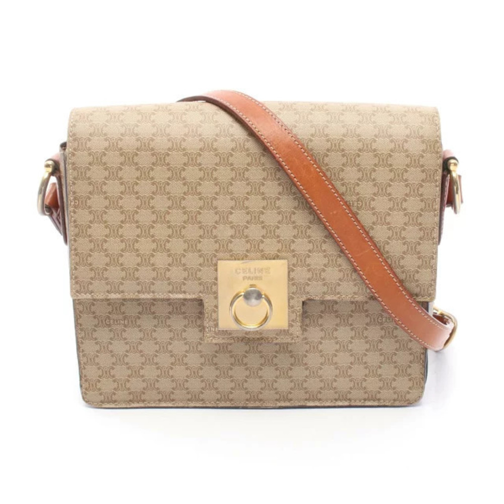 Celine Macadam Shoulder Bag Canvas Leather Beige Cream Brown